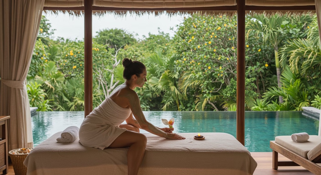 Massage beds beside a private jungle pool at a Tulum villa