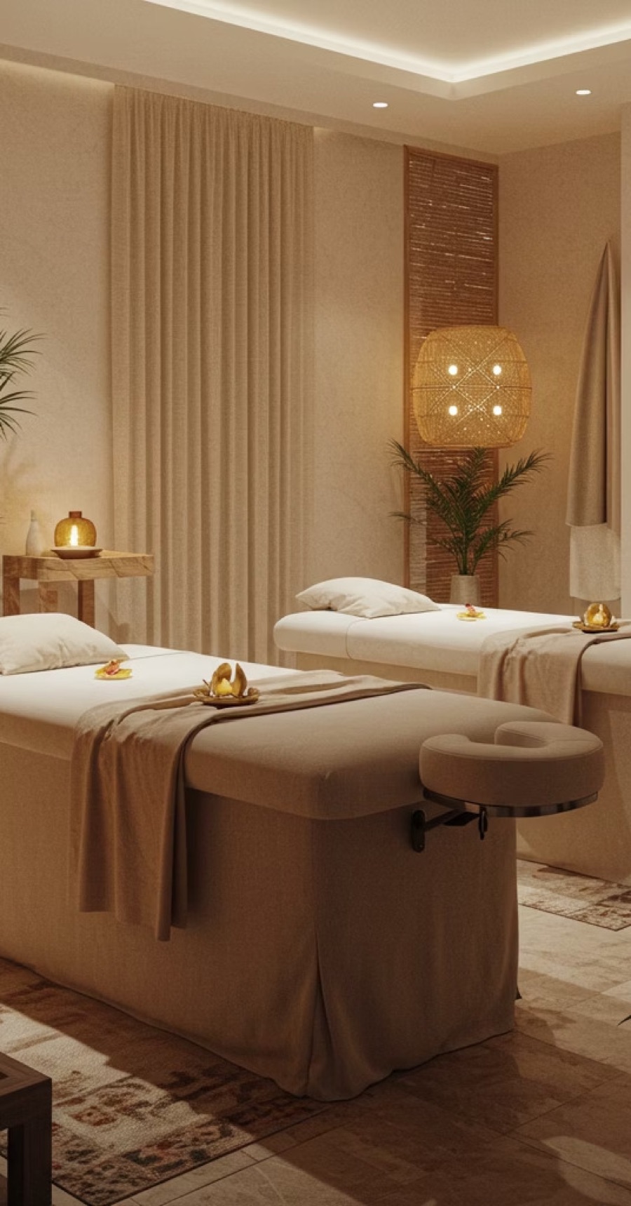 Twin massage setup with soft linens prepared inside a villa suite