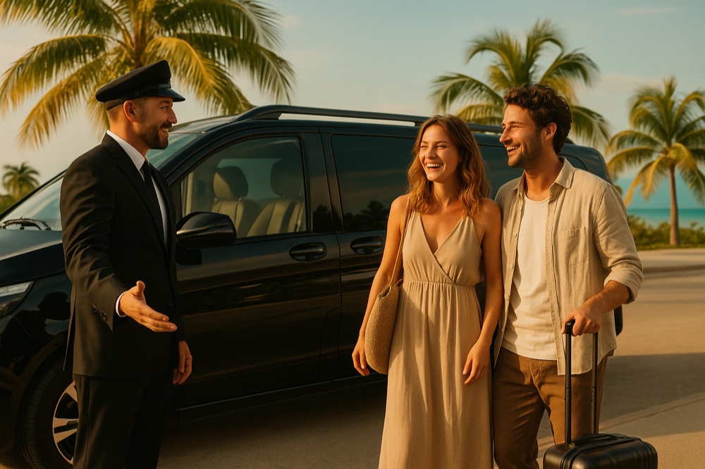 Seva chauffeur warmly welcoming guests beside a black luxury van at Tulum airport