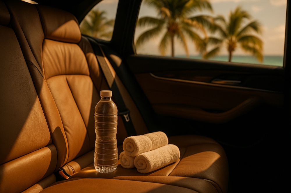 Premium vehicle interior with chilled water and cool towels on leather seats