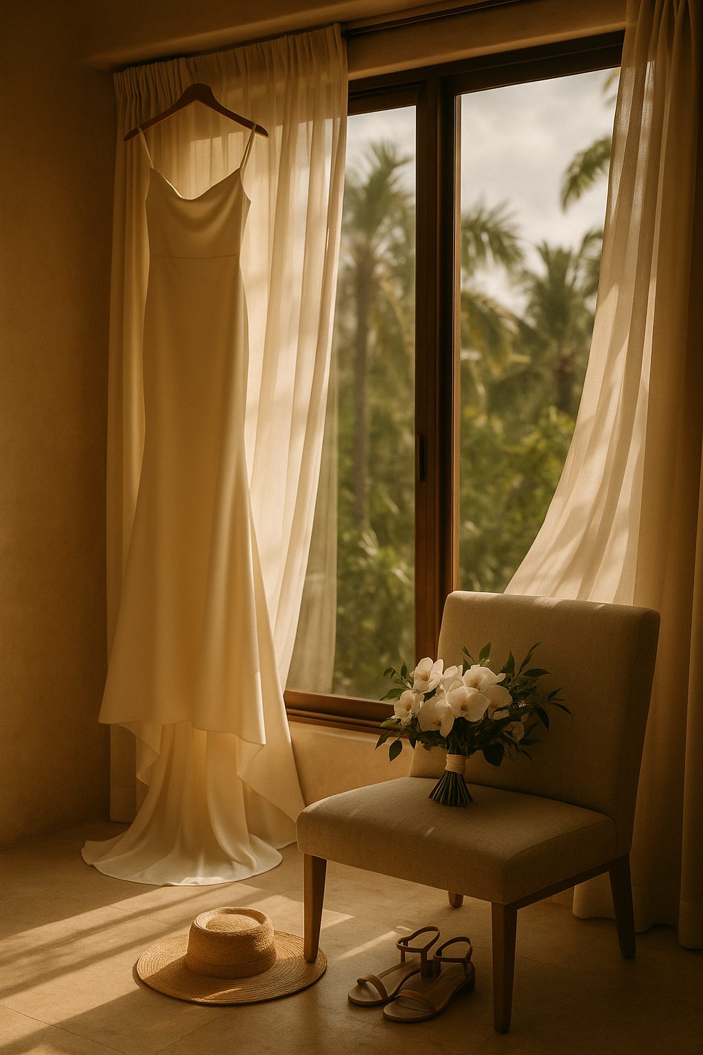 Wedding gown hanging in soft window light in a villa bridal suite