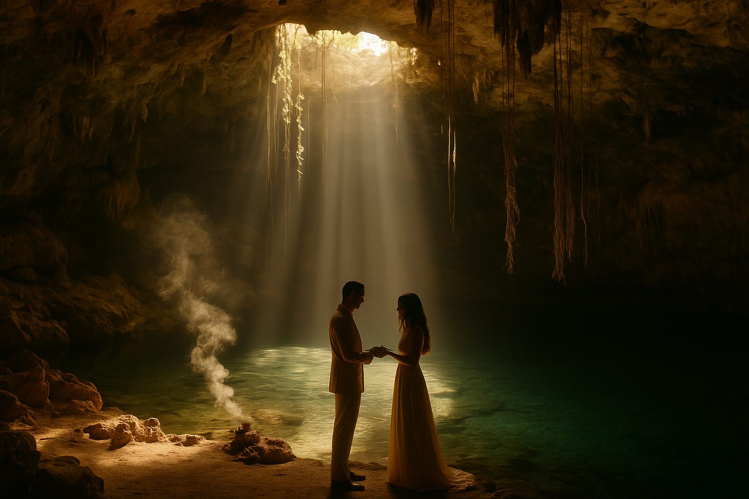 Couple silhouetted during a vow ceremony in a Tulum cenote