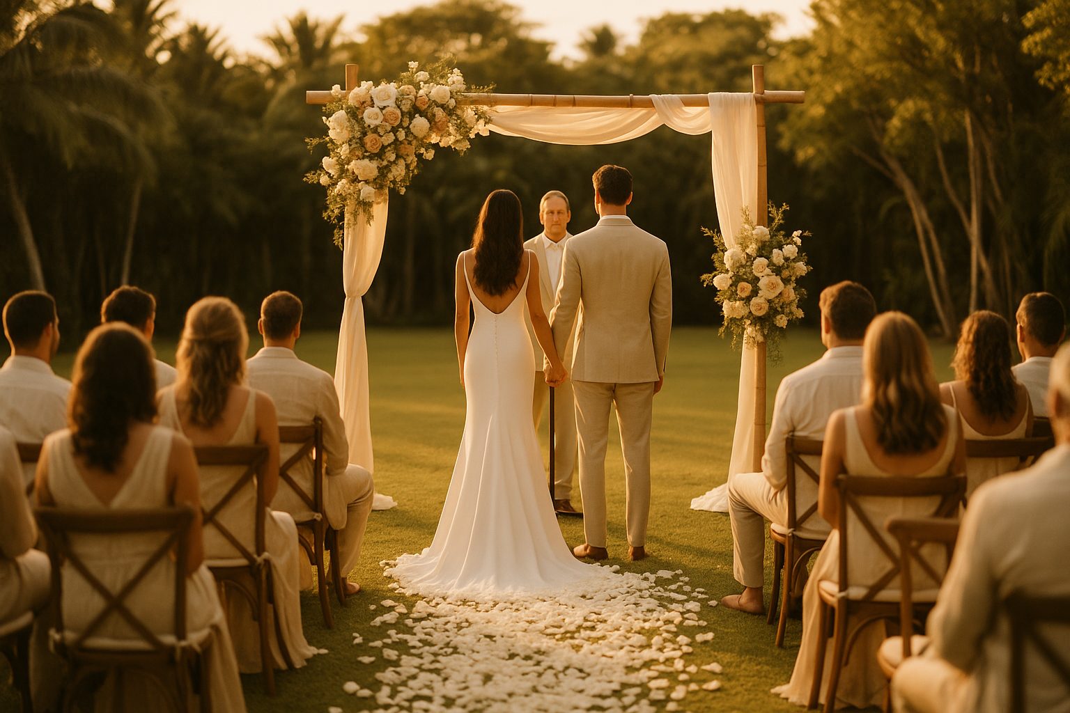 Wedding ceremony under a floral arch at golden hour at a private Tulum villa
