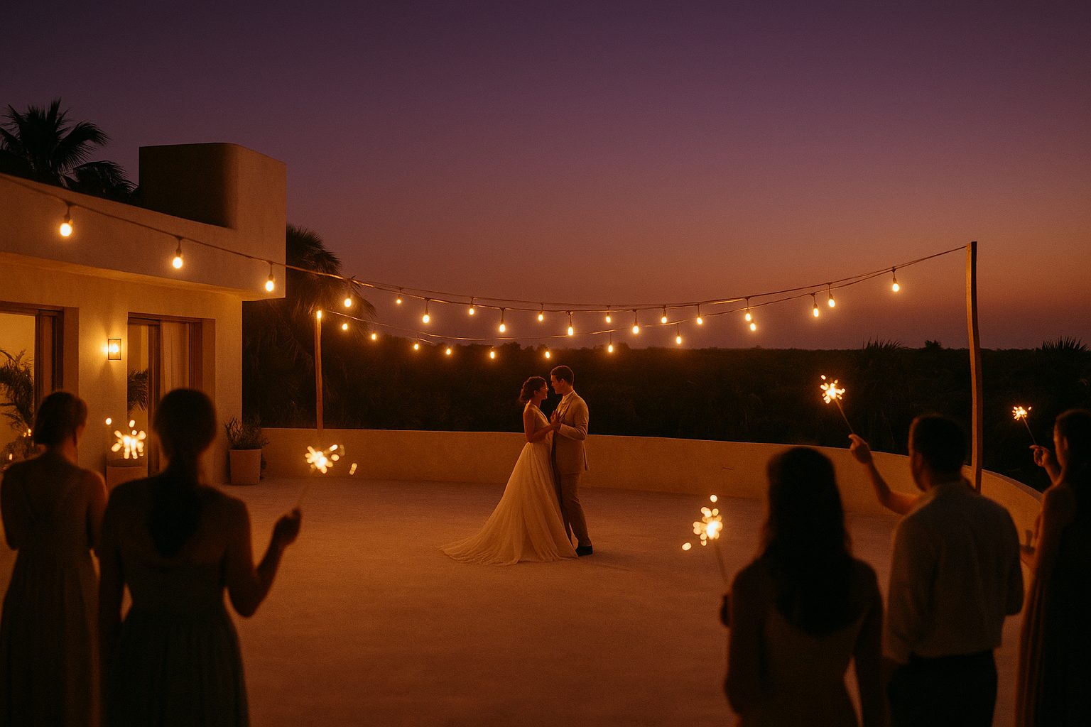 First dance under string lights at dusk at a private villa wedding