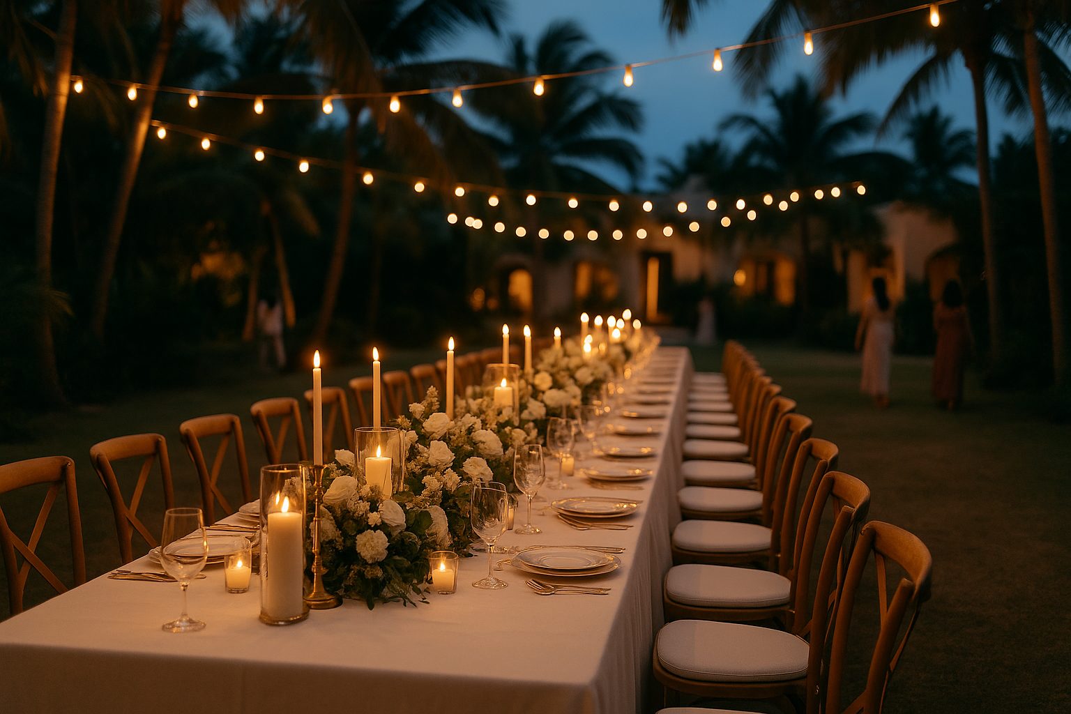 Candlelit wedding dinner table set at a private villa at blue hour