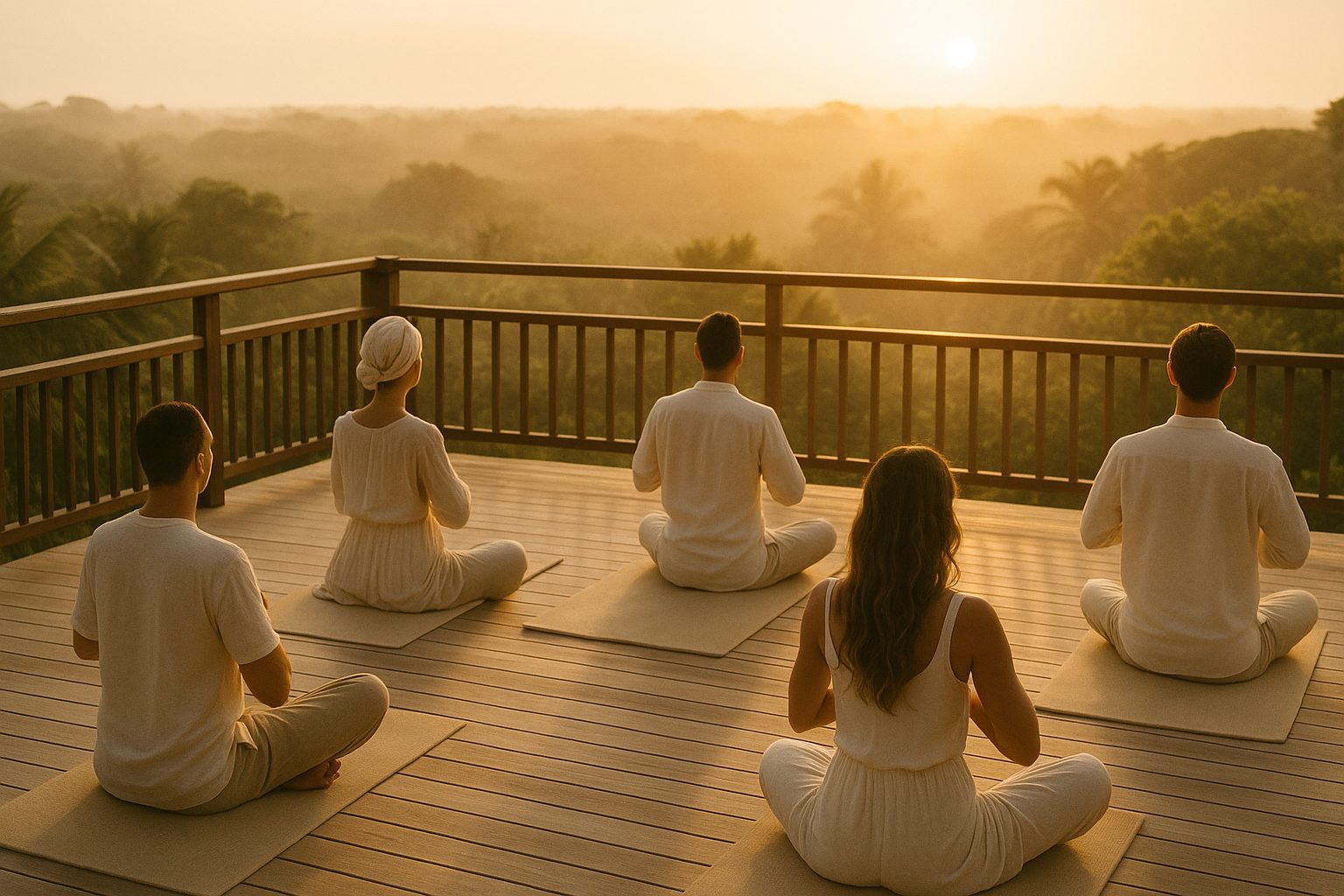 Group breathwork session at sunrise on a private villa lawn