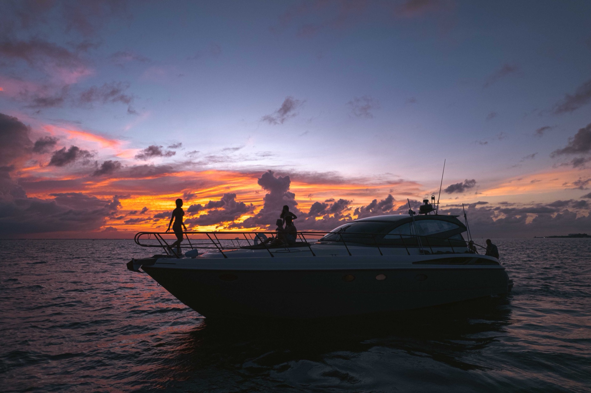 Cranchi Mediterranee at sunset off the Riviera Maya
